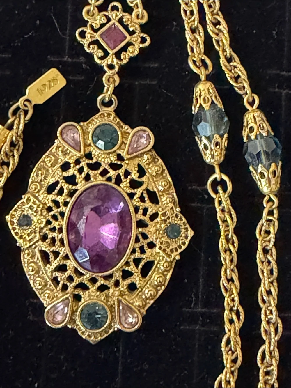 Vintage 1928 Jewelry Co Amethyst Purple Rhinestone Filigree Pendant Necklace
